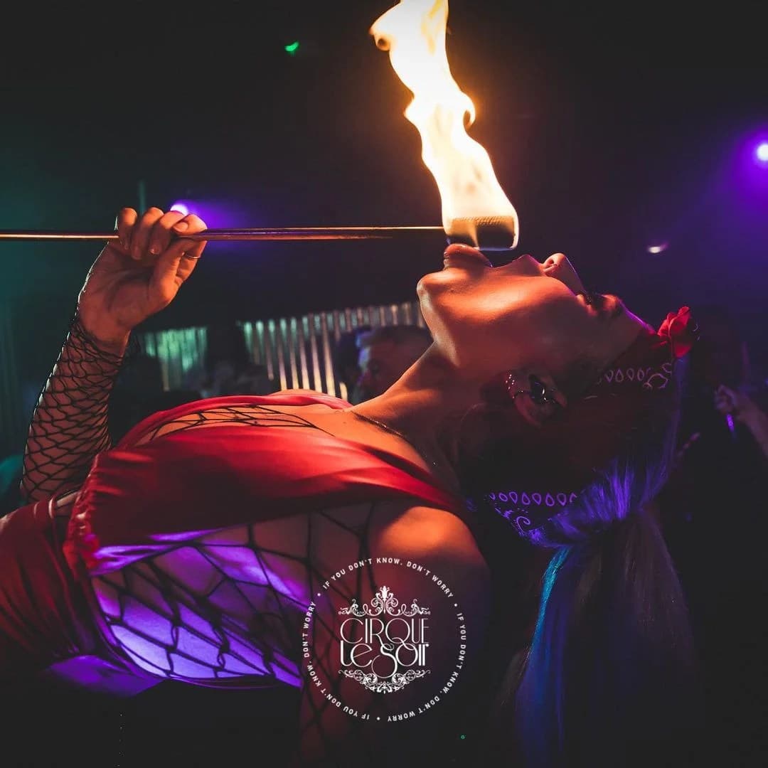 Cirque Le Soir nightclub interior with circus performers and vibrant lighting