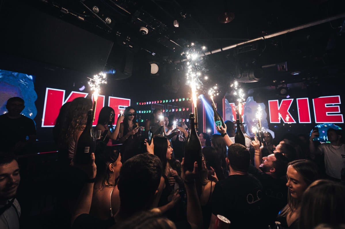London nightclub VIP entrance with queue and doorman