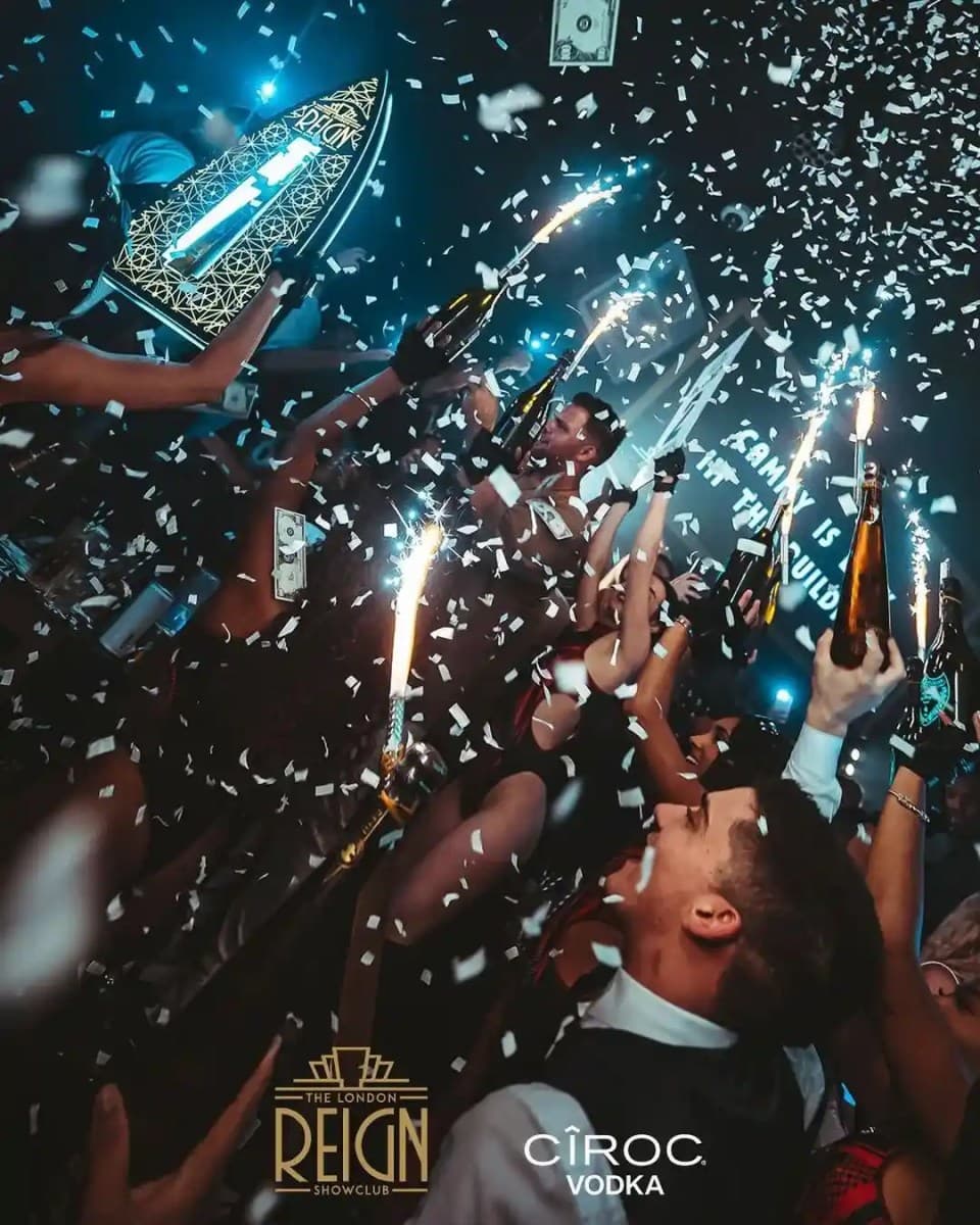 Reign Showclub London interior with live entertainment stage and VIP seating